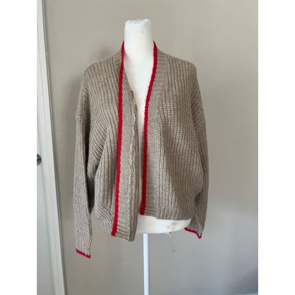 Womens beige knit open-front cardigan big heart-graphic oversized SMALL - Picture 3 of 6